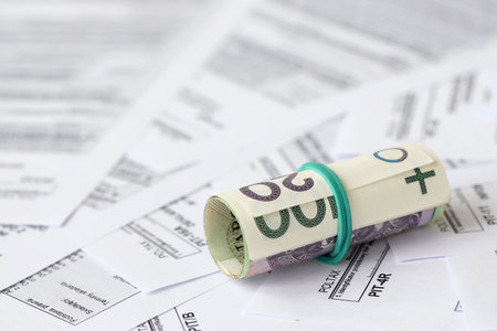 Polish zloty money PLN on big amount of polish PIT, CIT and VAT tax forms close up. Accounting, bureaucracy and taxpayers routine in Polandの写真素材