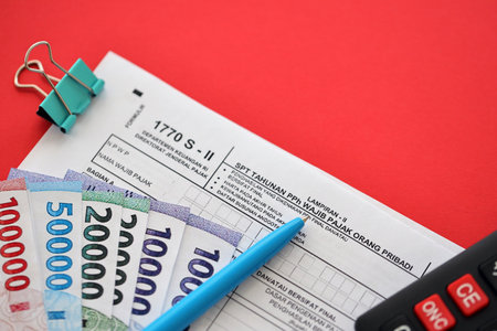 Indonesian tax form 1770 S - 2 Individual Income Tax Return and pen on table close upの写真素材