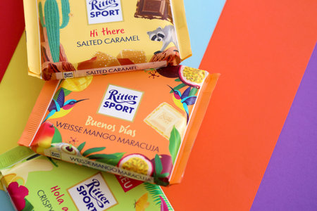 TERNOPIL, UKRAINE - JULY 7, 2023 Ritter Sport Chocolate square bars with exotic taste close up