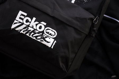 KYIV, UKRAINE - 4 MAY, 2023: Ecko Unltd company logo on new brand clothes close up