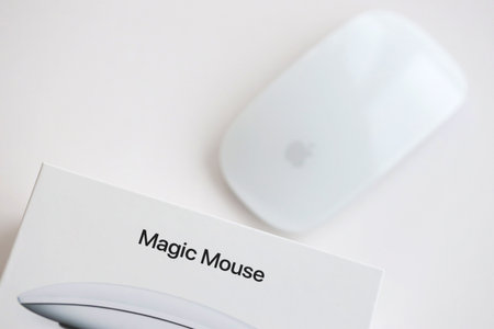 KYIV, UKRAINE - NOVEMBER 27, 2023 Apple Magic Mouse 3rd generation lies on white background close upのeditorial素材