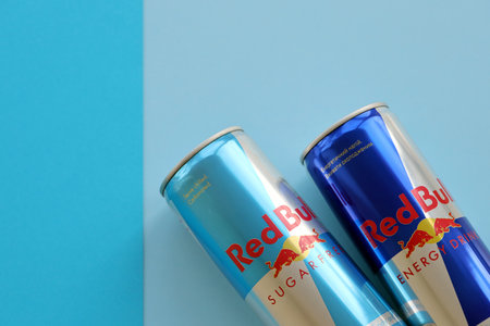 TERNOPIL, UKRAINE - JULY 7, 2023 Red Bull energy drink aluminium tin can with original design close upのeditorial素材
