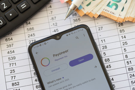 TERNOPIL, UKRAINE - AUGUST 3, 2023 Payoneer application on screen on modern smartphone and many...