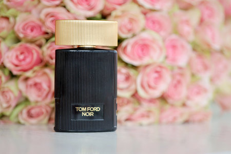 KHARKIV, UKRAINE - JANUARY 2, 2021 Perfume bottle of Noir by Tom Ford, a luxury fashion house founded by designer Tom Ford in 2005のeditorial素材