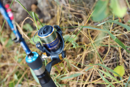 KYIV, UKRAINE - 4 MAY, 2023: Favorite Sapphire Fishing equipment close up. Favorite is international fishing goods manufacturer and dealer since 2006のeditorial素材