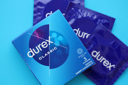 KYIV, UKRAINE - NOVEMBER 27, 2023 Durex blue condoms pack with logo close upのeditorial素材