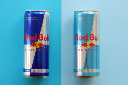 TERNOPIL, UKRAINE - JULY 7, 2023 Red Bull energy drink aluminium tin can with original design close upのeditorial素材