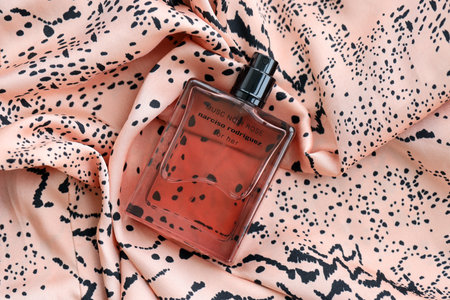KYIV, UKRAINE - OCTOBER 31, 2023 Narciso Rodriguez Musc Noir Rose For Her perfume bottle. Narciso Jesus Rodriguez is an American fashion designer from New Jerseyのeditorial素材