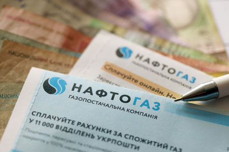 KYIV, UKRAINE - JULY 7, 2023 Naftogaz utility bill document with ukrainian hryvnias money on table