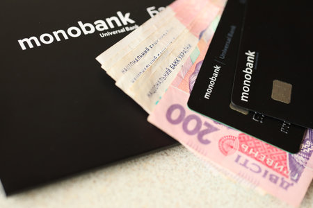KYIV, UKRAINE - JULY 7, 2023 Monobank black banking plastic cards with money on tableのeditorial素材