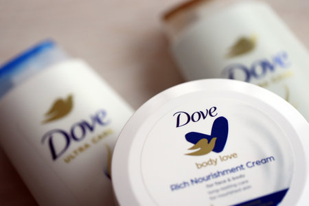 KYIV, UKRAINE - FEBRUARY 27, 2024 Production of Dove is a personal care brand, now owned by Unilever and sold in more than 80 countriesのeditorial素材