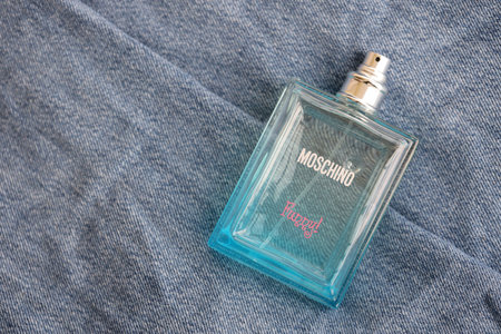 KYIV, UKRAINE - OCTOBER 31, 2023 Moschino Funny blue perfume bottle. Moschino is Italian luxury fashion house founded in 1983 by Franco Moschino in Milanのeditorial素材