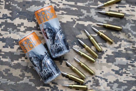 KYIV, UKRAINE - OCTOBER 31, 2023 Non Stop energy drink with limited edition design of Stalker and...