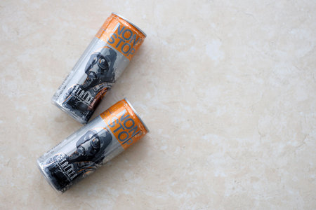 KYIV, UKRAINE - OCTOBER 31, 2023 Non Stop energy drink with limited edition design of Stalker and...