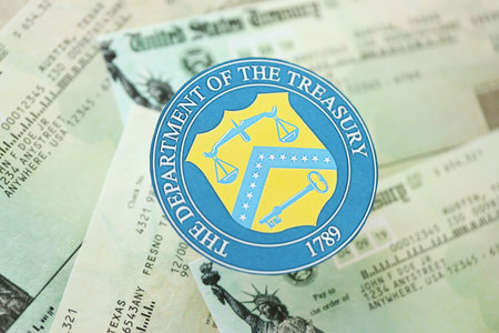 KYIV, UKRAINE - MARCH 9, 2024 US The Department of the Treasury seal on United States Treasury...