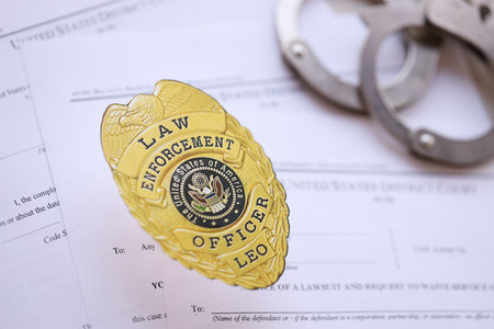 KYIV, UKRAINE - MARCH 9, 2024 US Law Enforcement Officer badge with handcuffs on many US District...