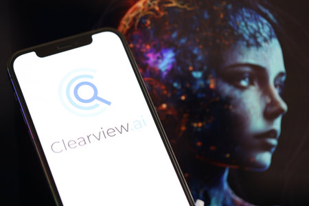 KYIV, UKRAINE - MARCH 17, 2024 ClearView logo on iPhone display screen with background of artificial intelligence futuristic ai generated image close upのeditorial素材