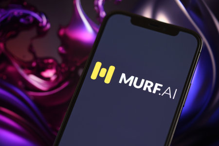 KYIV, UKRAINE - MARCH 17, 2024 Murf AI logo on iPhone display screen with background of artificial intelligence futuristic ai generated image close upのeditorial素材