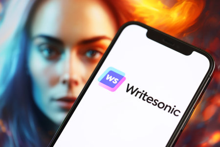 KYIV, UKRAINE - MARCH 17, 2024 Writesonic logo on iPhone display screen with background of artificial intelligence futuristic ai generated image close upのeditorial素材