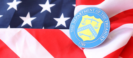 KYIV, UKRAINE - MARCH 9, 2024 US The Department of the Treasury seal on United States of America...