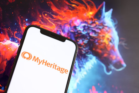KYIV, UKRAINE - MARCH 17, 2024 MyHeritage logo on iPhone display screen with background of artificial intelligence futuristic ai generated image close upのeditorial素材