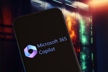 KYIV, UKRAINE - MARCH 17, 2024 Microsoft Copilot logo on iPhone display screen with background of artificial intelligence futuristic ai generated image close upのeditorial素材