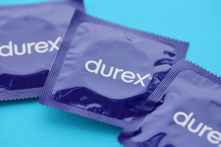 KYIV, UKRAINE - NOVEMBER 27, 2023 Durex blue condoms pack with logo close upのeditorial素材