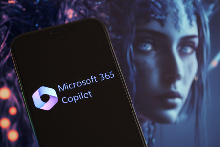 KYIV, UKRAINE - MARCH 17, 2024 Microsoft Copilot logo on iPhone display screen with background of artificial intelligence futuristic ai generated image close upのeditorial素材