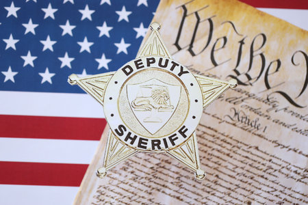 KYIV, UKRAINE - MARCH 9, 2024 US Deputy Sheriff badge with United States Constitution on flag close upのeditorial素材