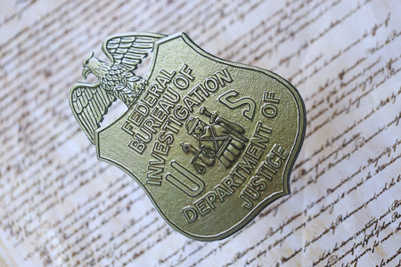 KYIV, UKRAINE - MARCH 9, 2024 US FBI Federal Bureau of Investigation badge on United States...