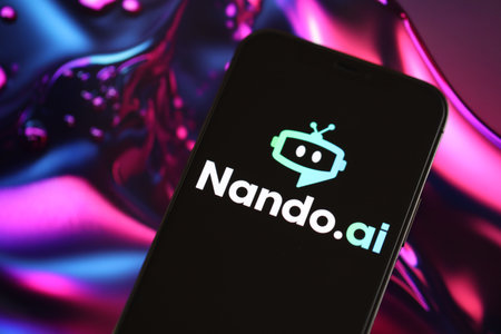 KYIV, UKRAINE - MARCH 17, 2024 NandoAI logo on iPhone display screen with background of artificial intelligence futuristic ai generated image close upのeditorial素材