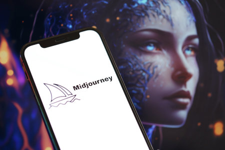 KYIV, UKRAINE - MARCH 17, 2024 Midjourney logo on iPhone display screen with background of artificial intelligence futuristic ai generated image close upのeditorial素材