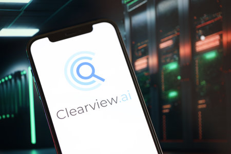 KYIV, UKRAINE - MARCH 17, 2024 ClearView logo on iPhone display screen with background of artificial...