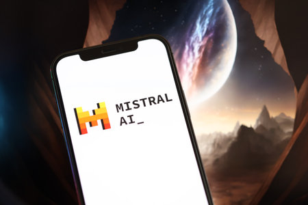 KYIV, UKRAINE - MARCH 17, 2024 Mistral AI logo on iPhone display screen with background of artificial intelligence futuristic ai generated image close upのeditorial素材