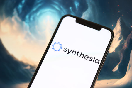 KYIV, UKRAINE - MARCH 17, 2024 Synthesia logo on iPhone display screen with background of artificial intelligence futuristic ai generated image close upのeditorial素材