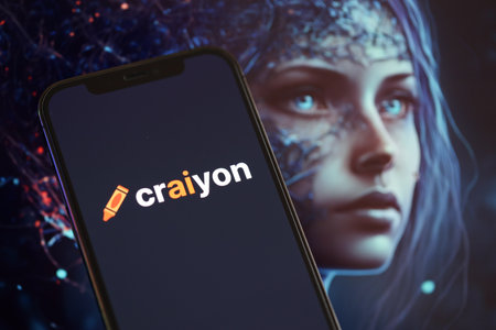 KYIV, UKRAINE - MARCH 17, 2024 Craiyon logo on iPhone display screen with background of artificial intelligence futuristic ai generated image close upのeditorial素材