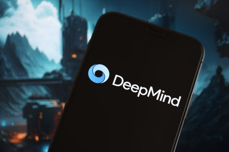 KYIV, UKRAINE - MARCH 17, 2024 DeepMind logo on iPhone display screen with background of artificial intelligence futuristic ai generated image close upのeditorial素材