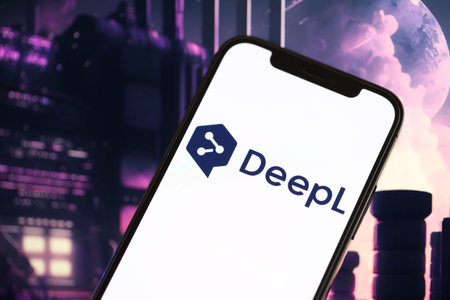 KYIV, UKRAINE - MARCH 17, 2024 DeepL logo on iPhone display screen with background of artificial intelligence futuristic ai generated image close upのeditorial素材