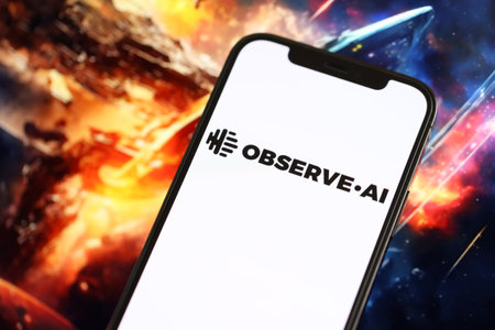KYIV, UKRAINE - MARCH 17, 2024 ObserveAI logo on iPhone display screen with background of artificial intelligence futuristic ai generated image close upのeditorial素材