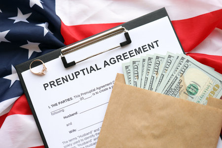 Prenuptial agreement and wedding ring on table. Premarital paperwork process in USA close upの写真素材