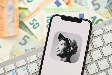 KYIV, UKRAINE - APRIL 1, 2024 Clubhouse icon on smartphone screen on many euro money bills. iPhone...