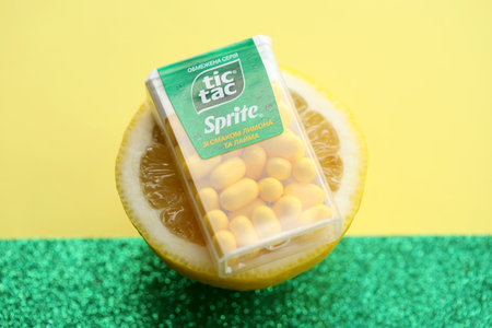 KYIV, UKRAINE - APRIL 20, 2024 Tic Tac hard mints limited series Sprite with lemon and lime flavored taste. Tic Tac Hard mints produced by Ferrero since 1968のeditorial素材