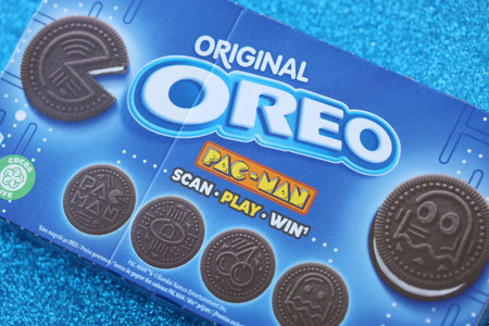 KYIV, UKRAINE - APRIL 20, 2024 Oreo pac-man crispy cookies packs. The brand Oreo is owned by...