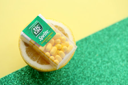KYIV, UKRAINE - APRIL 20, 2024 Tic Tac hard mints limited series Sprite with lemon and lime flavored...