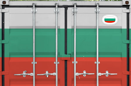 Bulgaria flag depicted on metal doors of shipping cargo container outdoors in docks area close upの写真素材
