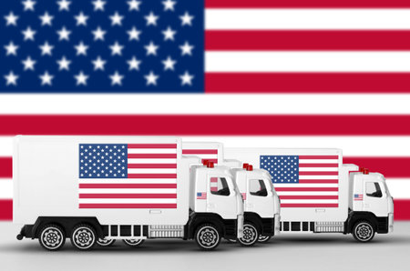 United States of America flag depicted on side wall of white delivery van close up. Shipping and local delivery conceptの写真素材