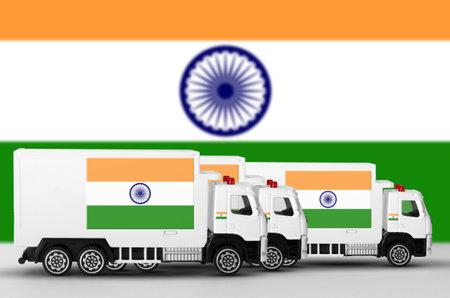 India flag depicted on side wall of white delivery van close up. Shipping and local delivery concept