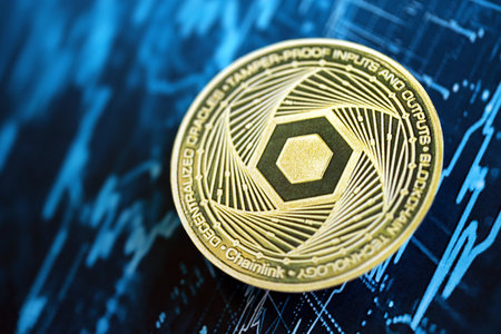 KYIV, UKRAINE - AUGUST 17, 2024 Chainlink LINK coin on abstract fictional cryptocurrency trading...