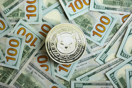 KYIV, UKRAINE - AUGUST 17, 2024 Shiba coin on big amount of hundred US dollar bills close up