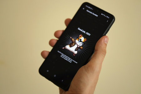 KYIV, UKRAINE - JUNE 26, 2024 Hamster Kombat telegram mini-game in tap 2 earn genre. Tap game on smartphone in hand close upのeditorial素材